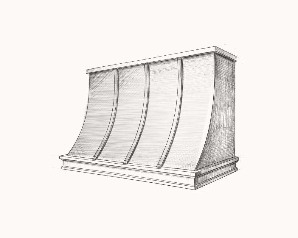 Sketch of a long, low curved hood with three raised trims
