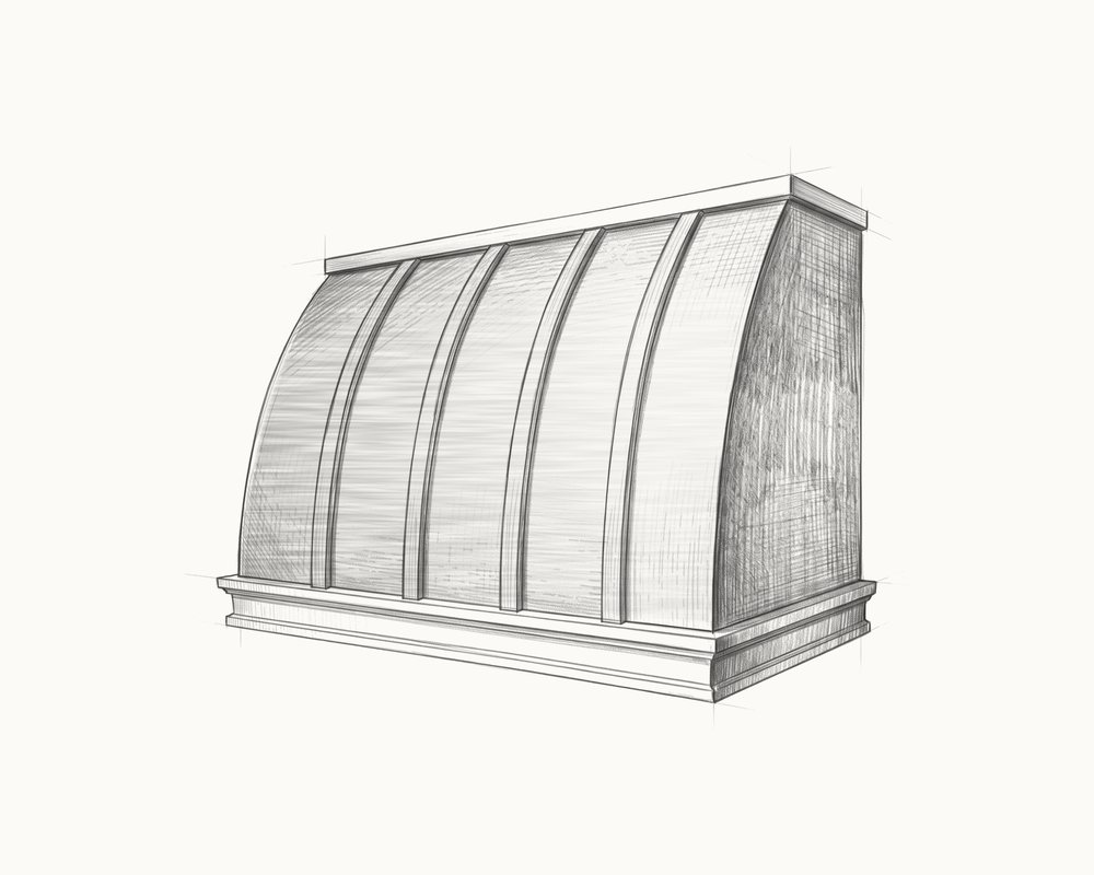Sketch of a curved barrel-front wall hood with raised trims