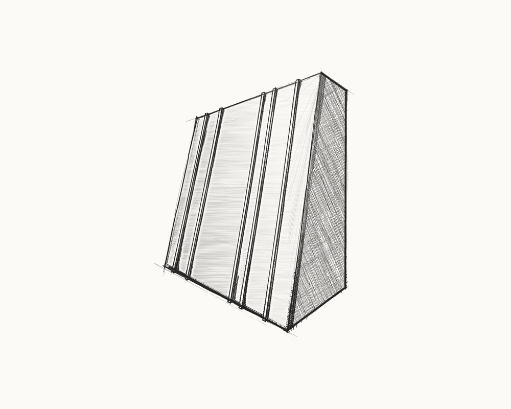 Sketch of a raked hood with raised standing seams