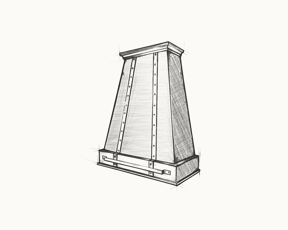 Sketch of a tapered hood with riveted straps, a moulded crown and a bar across the base