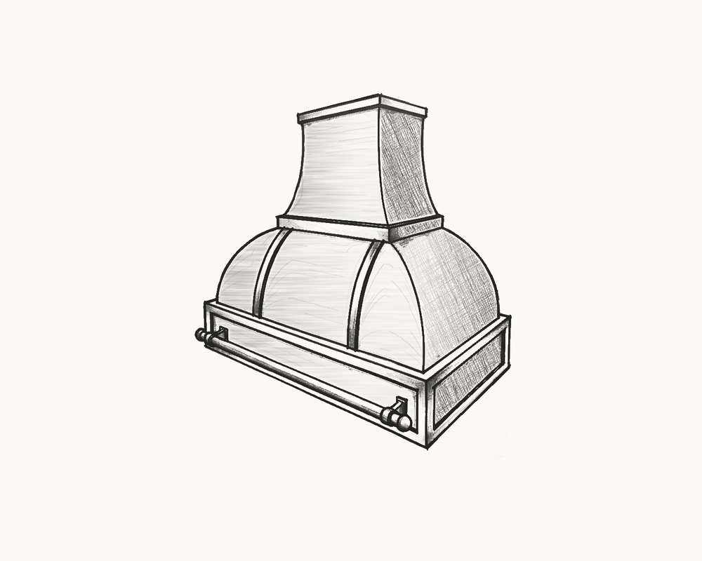 Sketch of a rounded riveted dome under a square chimney, over a panelled base with a towel bar