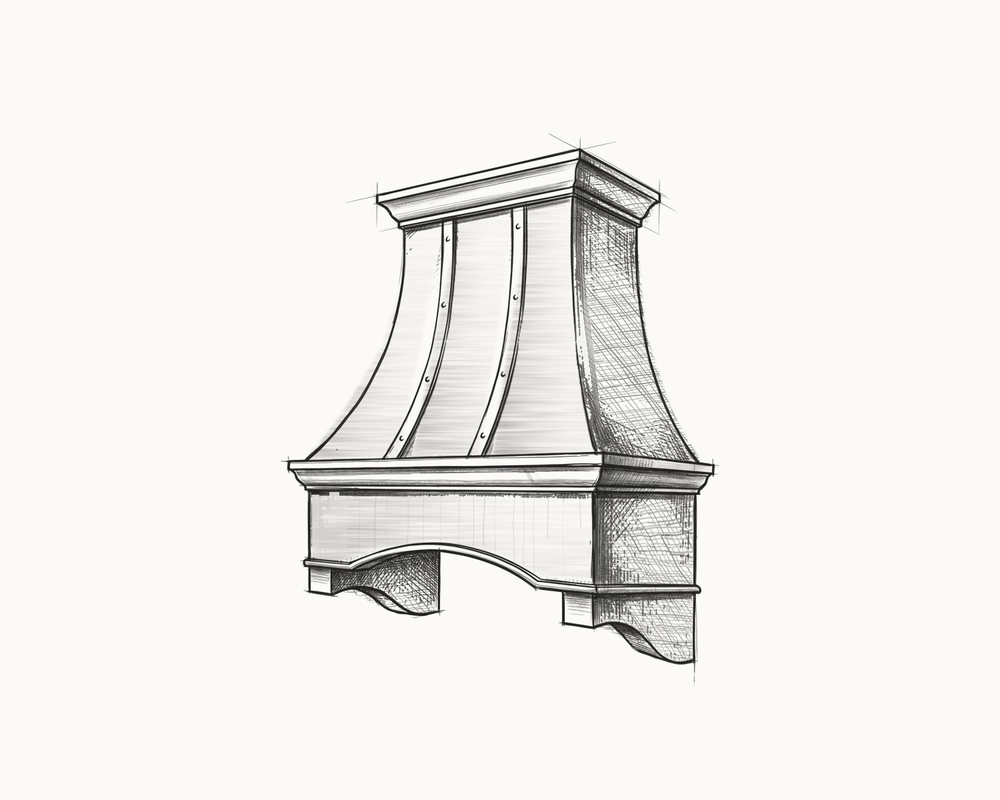 Sketch of a flared hood with two riveted straps, a moulded crown and band, over an apron with an arched cutout between corbels